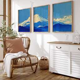 Japanese Mountain Wall Art Set Of 3 - Mount Fuji Blue Landscape Prints Minimal Asian Tranquil Nature Artwork For Living Room Decor - thumbnail 2