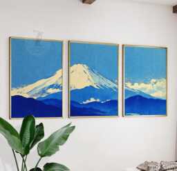 Japanese Mountain Wall Art Set Of 3 - Mount Fuji Blue Landscape Prints Minimal Asian Tranquil Nature Artwork For Living Room Decor - thumbnail 1