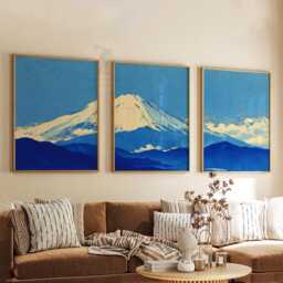 Japanese Mountain Wall Art Set Of 3 - Mount Fuji Blue Landscape Prints Minimal Asian Tranquil Nature Artwork For Living Room Decor - thumbnail 3