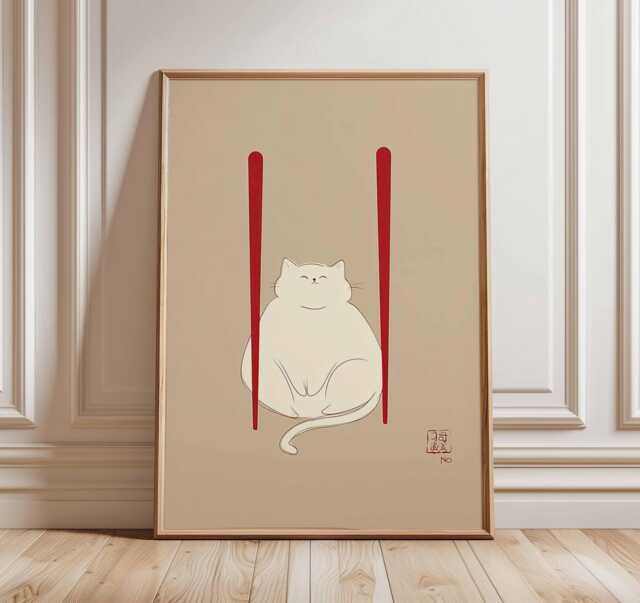 Minimalist Japanese Cat Art Print - Cute White Poster With Red Accents, Zen Asian Wall Decor, Modern Illustration - image 1