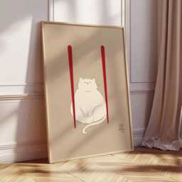 Minimalist Japanese Cat Art Print - Cute White Poster With Red Accents, Zen Asian Wall Decor, Modern Illustration - thumbnail 2