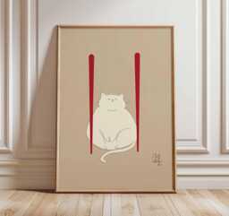 Minimalist Japanese Cat Art Print - Cute White Poster With Red Accents, Zen Asian Wall Decor, Modern Illustration - thumbnail 1