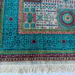 Handwoven Turquoise Afghan Rug Mamluk Oriental Wool Carpet - 7.7 X 5.5 Ft - thumbnail 2