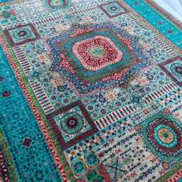 Handwoven Turquoise Afghan Rug Mamluk Oriental Wool Carpet - 7.7 X 5.5 Ft - thumbnail 3