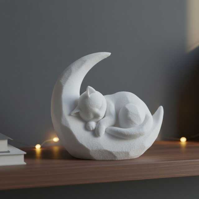 Sleeping Kitten On Crescent Moon Sculpture - Cute Cat Figurine Gift & Memorial Ornament - image 1