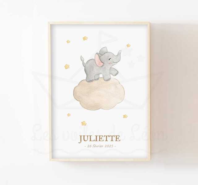 Baby Elephant Decoration, Watercolor Illustration, Cloud, Stars, Sky, Birth Gift, Wall Poster, Savannah Animals - image 1