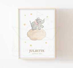 Baby Elephant Decoration, Watercolor Illustration, Cloud, Stars, Sky, Birth Gift, Wall Poster, Savannah Animals - thumbnail 1