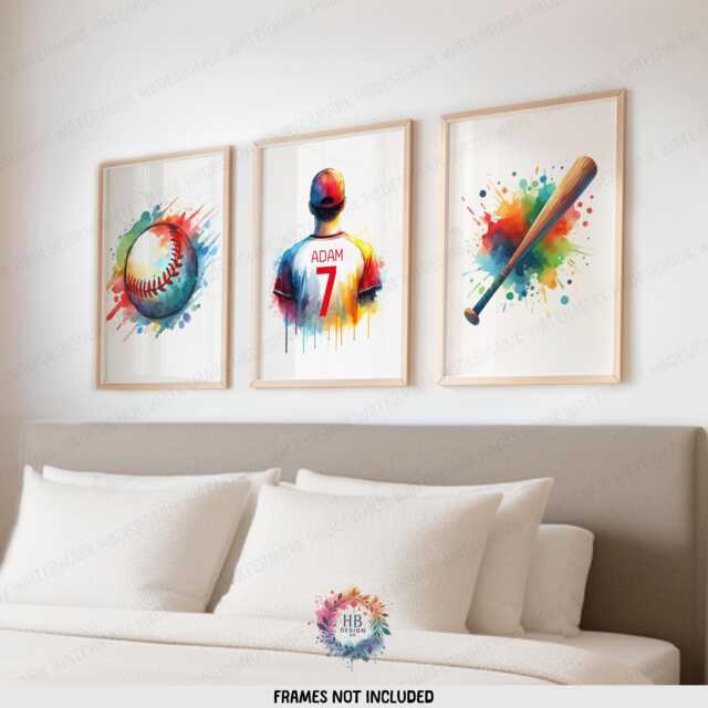 Personalized Baseball Wall Art - Set Of 3 Prints - Custom Boys Bedroom Decor Kids Posters Colorful - image 1