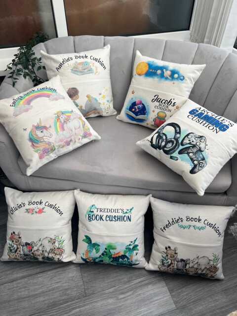 Personalised Book Cushion - Kids Reading Pillow With Pocket Gaming, Dinosaur, Bear, Girl, Space & Jungle Themes 40x40cm Gift Cute Unicorn - image 1