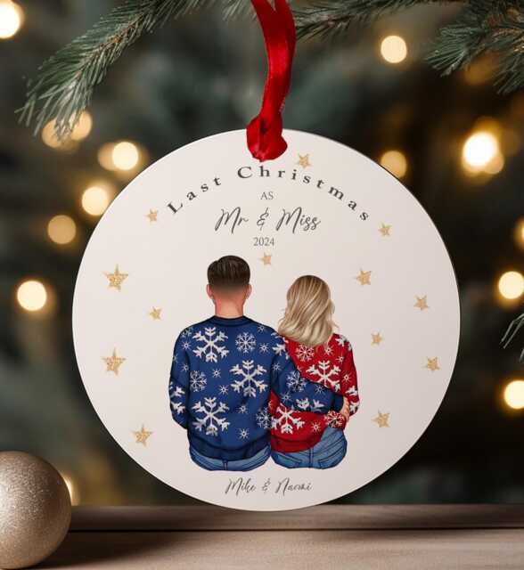 Last Christmas As Mr & Miss Bauble, Personalised Couple Ornament, Engagement Tree Decoration, Engaged, Acrylic Bauble - image 1