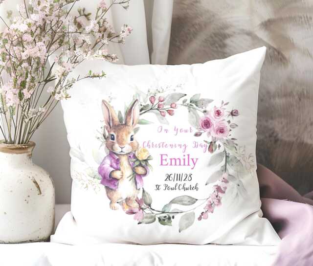Personalized Pink Wreath Baptism Keepsake Cushion Christening Details Gift Pillow - image 1