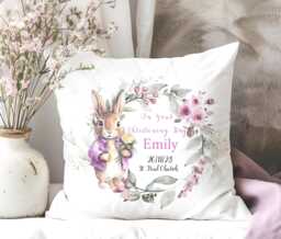 Personalized Pink Wreath Baptism Keepsake Cushion Christening Details Gift Pillow - thumbnail 1