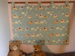 "Children's Headboard in Sky Blue Cotton Fabric, Printed With ""Little Birds The Clouds"