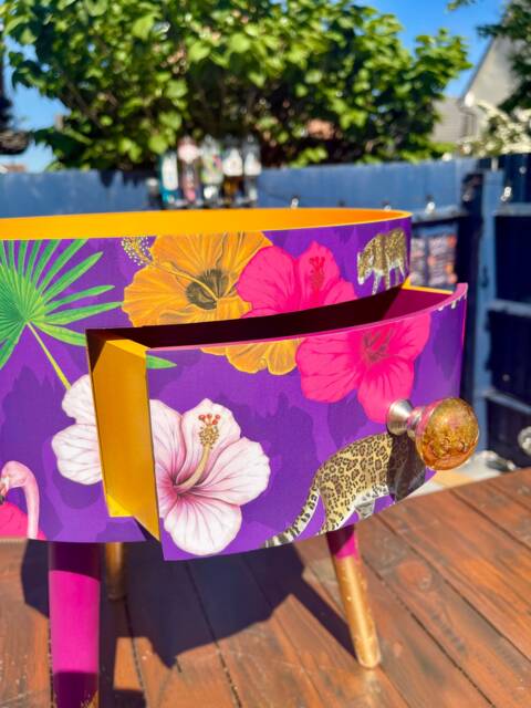 Purple Round Bedside Table. Wooden Side Table With Drawer. Yellow Mustard Pink & Animal Print Design. Nightstand Or - image 1