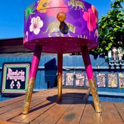 Purple Round Bedside Table. Wooden Side Table With Drawer. Yellow Mustard Pink & Animal Print Design. Nightstand Or - thumbnail 3