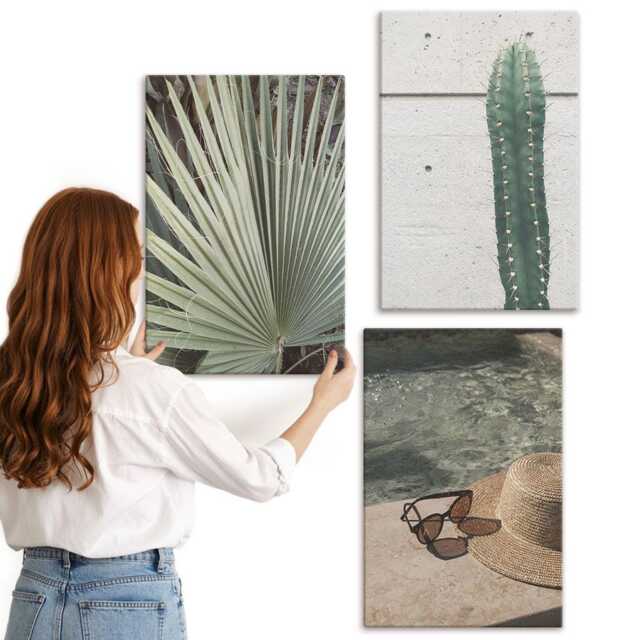 Canvas Set Of 3 - Tropical Plants & Waterside Holiday Accessories, Green Wall Art Canvas, Flowers Hanging Piece - image 1
