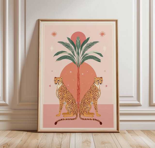 Boho Cheetah Art Print, Mid-Century Modern Animal Poster, Desert Aesthetic Wall Decor, Pink & Orange Gallery Wall, Jungle Decor - image 1