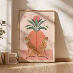 Boho Cheetah Art Print, Mid-Century Modern Animal Poster, Desert Aesthetic Wall Decor, Pink & Orange Gallery Wall, Jungle Decor - thumbnail 3