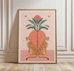 Boho Cheetah Art Print, Mid-Century Modern Animal Poster, Desert Aesthetic Wall Decor, Pink & Orange Gallery Wall, Jungle Decor - thumbnail 1