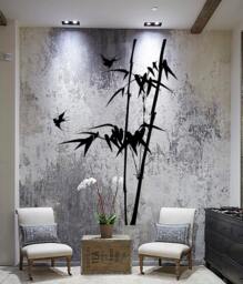 Wall Vinyl Decal Tree Bamboo Outline With Branches & Birds Modern Decor Living Room Center Focal Point - #1055Dz