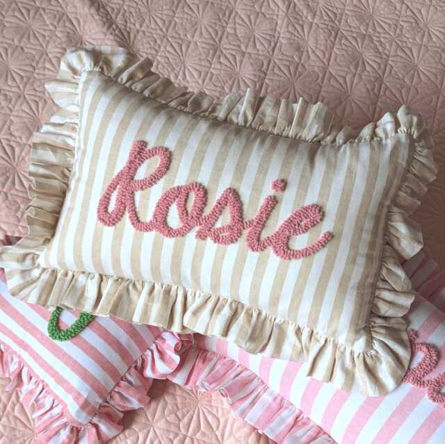 Sand Stripes Personalised Ruffled Cushion Handmade Punch Needle Decor - Gingham Nursery Kids Children Room Styling Baby Shower Gift - image 1