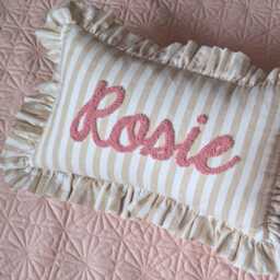 Sand Stripes Personalised Ruffled Cushion Handmade Punch Needle Decor - Gingham Nursery Kids Children Room Styling Baby Shower Gift - thumbnail 2