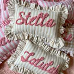 Sand Stripes Personalised Ruffled Cushion Handmade Punch Needle Decor - Gingham Nursery Kids Children Room Styling Baby Shower Gift - thumbnail 3