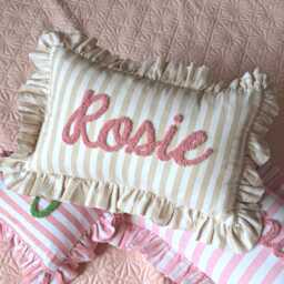 Sand Stripes Personalised Ruffled Cushion Handmade Punch Needle Decor - Gingham Nursery Kids Children Room Styling Baby Shower Gift - thumbnail 1