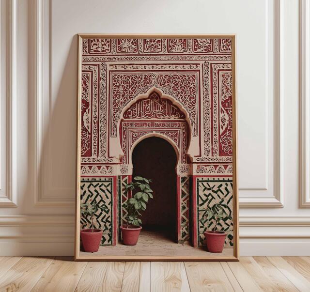 Moroccan Doorway Wall Art Print, Islamic Architecture Poster, Red Arch Decor For Boho Living Room, Poster - image 1