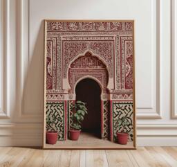 Moroccan Doorway Wall Art Print, Islamic Architecture Poster, Red Arch Decor For Boho Living Room, Poster - thumbnail 1