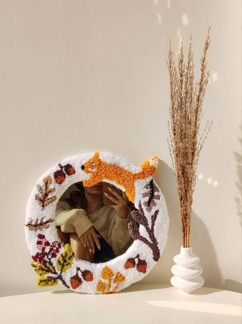 Handtufted Autumn Mirror Punchneedle Cozy Decor Case Rug Hooking Cover With Fox Mushroom Huzelnut & Leaves Scandinavian Interior Style - image 1