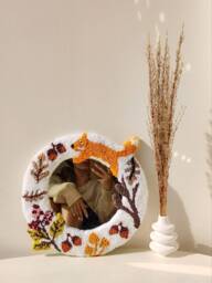 Handtufted Autumn Mirror Punchneedle Cozy Decor Case Rug Hooking Cover With Fox Mushroom Huzelnut & Leaves Scandinavian Interior Style - thumbnail 1