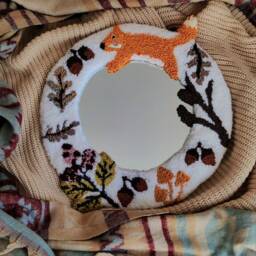 Handtufted Autumn Mirror Punchneedle Cozy Decor Case Rug Hooking Cover With Fox Mushroom Huzelnut & Leaves Scandinavian Interior Style - thumbnail 3