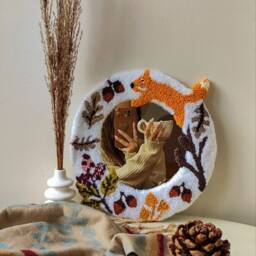 Handtufted Autumn Mirror Punchneedle Cozy Decor Case Rug Hooking Cover With Fox Mushroom Huzelnut & Leaves Scandinavian Interior Style - thumbnail 4