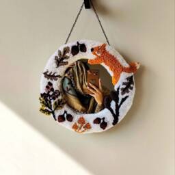 Handtufted Autumn Mirror Punchneedle Cozy Decor Case Rug Hooking Cover With Fox Mushroom Huzelnut & Leaves Scandinavian Interior Style - thumbnail 2