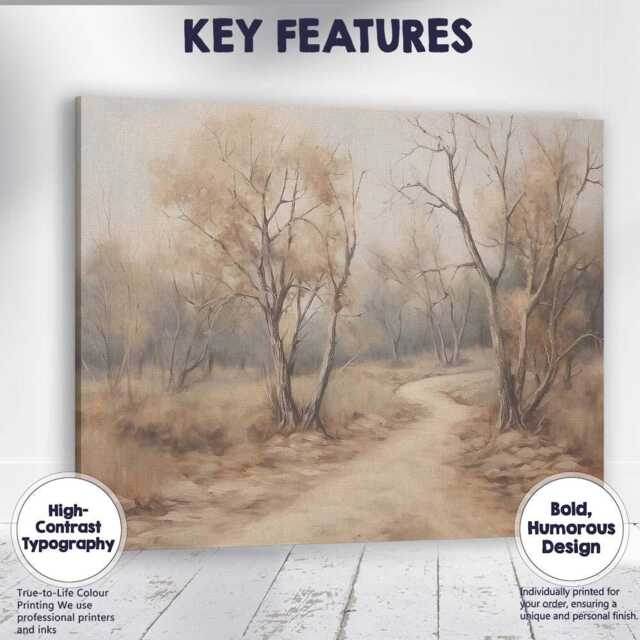 Soft Beige Woodland Path Misty Forest Landscape Painting Canvas Wall Art Print Decor Picture Ready To Hang - image 1