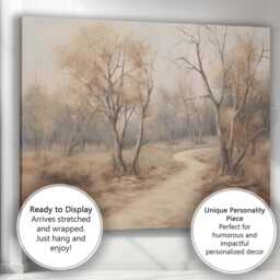 Soft Beige Woodland Path Misty Forest Landscape Painting Canvas Wall Art Print Decor Picture Ready To Hang - thumbnail 3