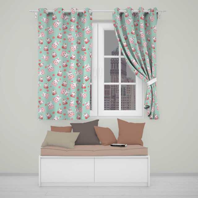 Cute Strawberry Bunny Macaron Dessert Kawaii Mint Background Seamless Pattern Readymade Eyelet Ring Top Thermal 100% Blackout Curtains - image 1