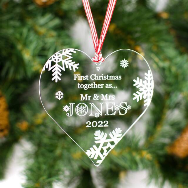 Personalised Mr & Mrs Clear Acrylic Christmas Heart Tree Decoration. 1st First Xmas Together Gift Snowflake Bauble Engraved Couples Surname - image 1