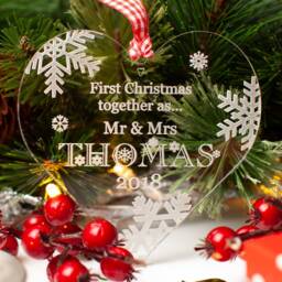 Personalised Mr & Mrs Clear Acrylic Christmas Heart Tree Decoration. 1st First Xmas Together Gift Snowflake Bauble Engraved Couples Surname - thumbnail 3