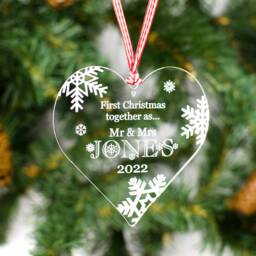 Personalised Mr & Mrs Clear Acrylic Christmas Heart Tree Decoration. 1st First Xmas Together Gift Snowflake Bauble Engraved Couples Surname - thumbnail 1