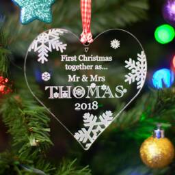 Personalised Mr & Mrs Clear Acrylic Christmas Heart Tree Decoration. 1st First Xmas Together Gift Snowflake Bauble Engraved Couples Surname - thumbnail 2