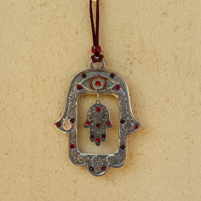 Hamsa Decor, Wall Art, Hanging, Jewish Art, Hand, Evil Eye Hamsa, Hand Of Fatima, Bordeaux& Red Swarovski - image 1