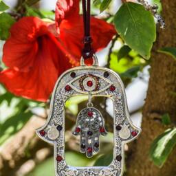 Hamsa Decor, Wall Art, Hanging, Jewish Art, Hand, Evil Eye Hamsa, Hand Of Fatima, Bordeaux& Red Swarovski - thumbnail 2