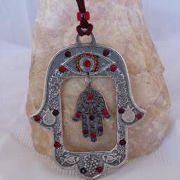 Hamsa Decor, Wall Art, Hanging, Jewish Art, Hand, Evil Eye Hamsa, Hand Of Fatima, Bordeaux& Red Swarovski - thumbnail 3