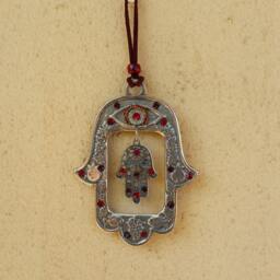 Hamsa Decor, Wall Art, Hanging, Jewish Art, Hand, Evil Eye Hamsa, Hand Of Fatima, Bordeaux& Red Swarovski - thumbnail 1