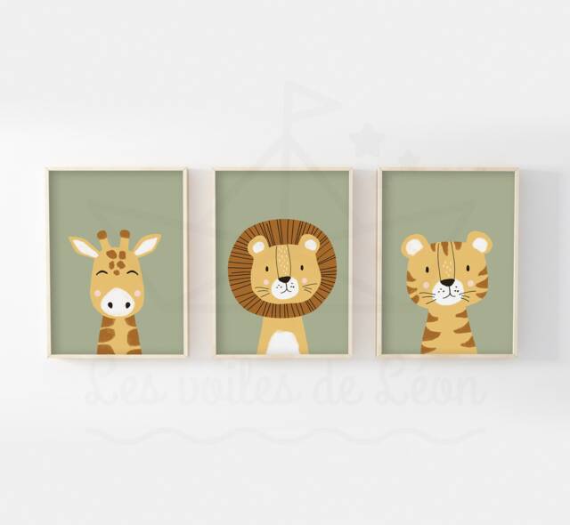 Set Of 3 Children's Safari Posters Lion, Giraffe, Tiger. Wall Decoration For Baby's Room. Baby Shower Gift Idea - image 1