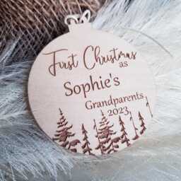 Custom Wooden Christmas Tree Ornament, Celebrate With Grandma & Grandpa, The Perfect Personalised Gift, Winter Woodland Keepsake - thumbnail 1