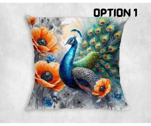 Peacock & Poppies Canvas Cushion Cover Vibrant Home Decor - image 1