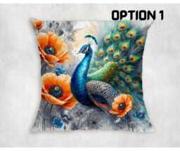 Peacock & Poppies Canvas Cushion Cover Vibrant Home Decor - thumbnail 1